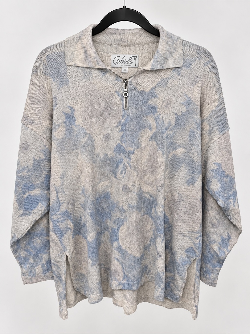 Vintage Gabriella T. Italy 2X Floral Cotton Linen Quarter Zip Knit Tunic Top